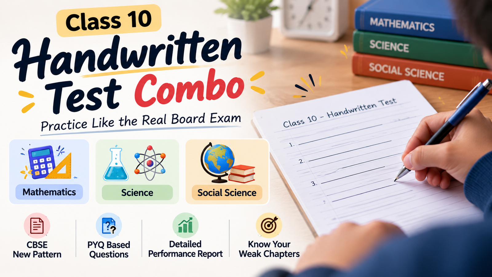 Class 10 CBSE Handwritten Test Combo | Maths + Science + Social Science | New Pattern & PYQ Based Board Exam Practice