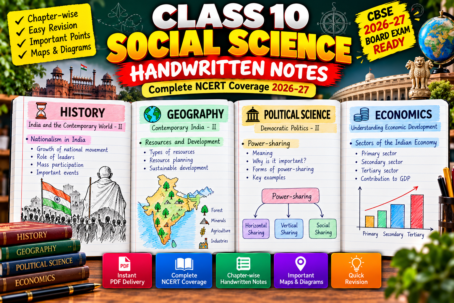 Class 10 Social Science Handwritten Notes PDF | Complete NCERT SST Notes | CBSE Board Exam Preparation 2026–27