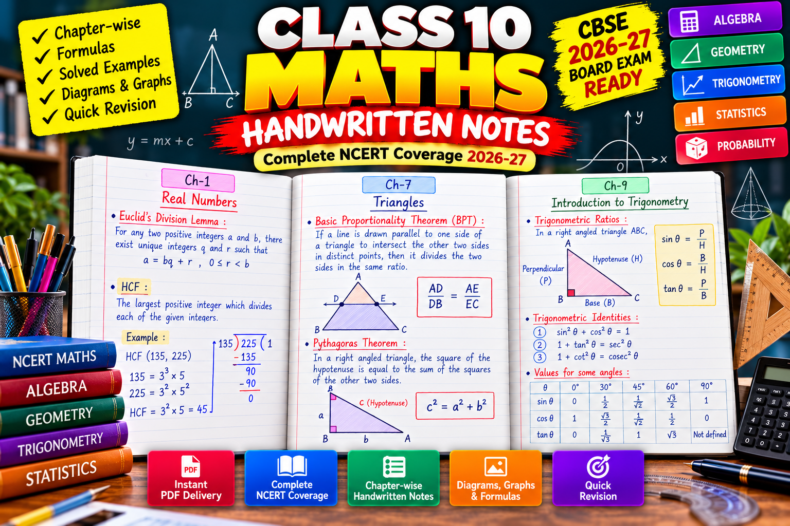 Class 10 Maths Handwritten Notes PDF | Complete NCERT Mathematics Notes | CBSE Board Exam Preparation 2026–27