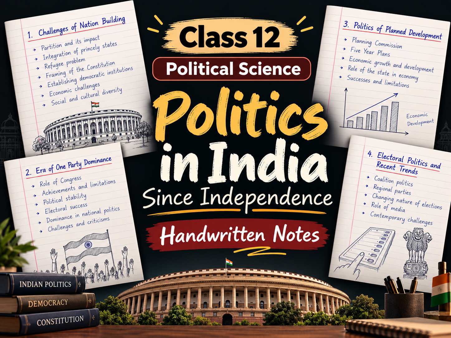 Class 12 Political Science – Politics in India Since Independence Handwritten Notes PDF | CBSE Class 12 Political Science Notes