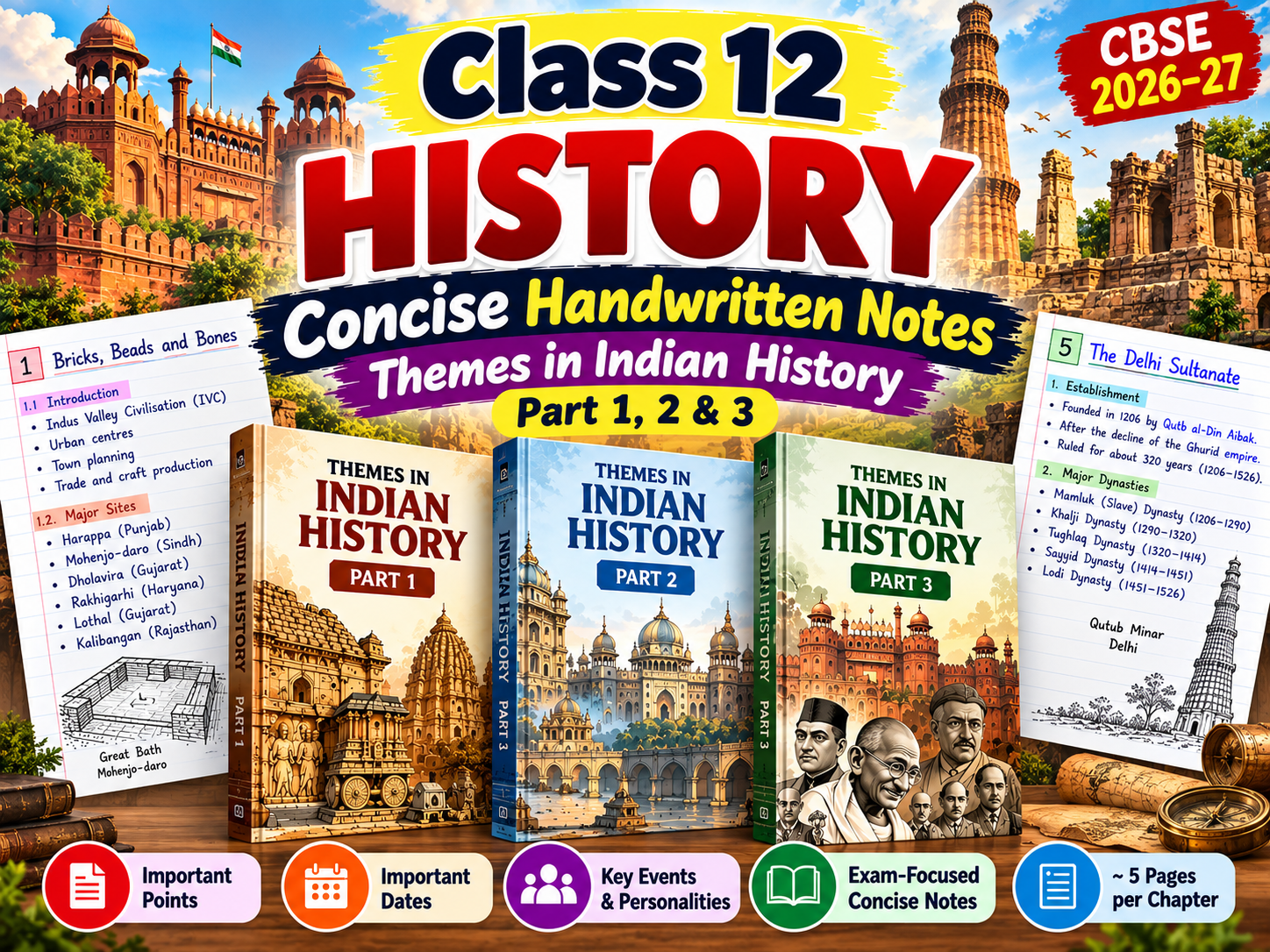 Class 12 History Concise Notes PDF 2026–27 | Handwritten Notes | Themes in Indian History Part 1, 2 & 3