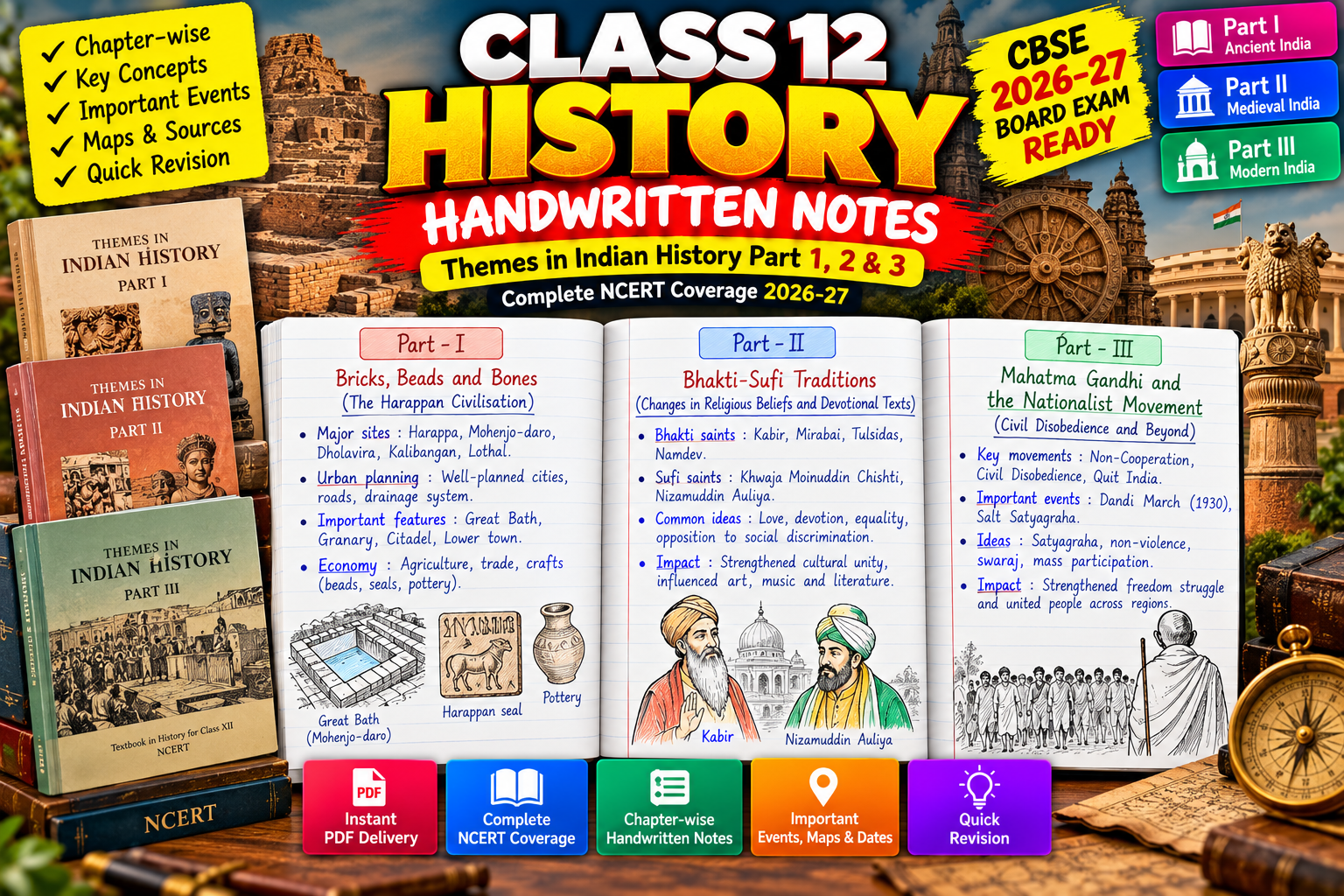 Class 12 History Handwritten Notes PDF | Themes in Indian History Part 1, 2 & 3 | CBSE Board Exam Preparation 2026–27