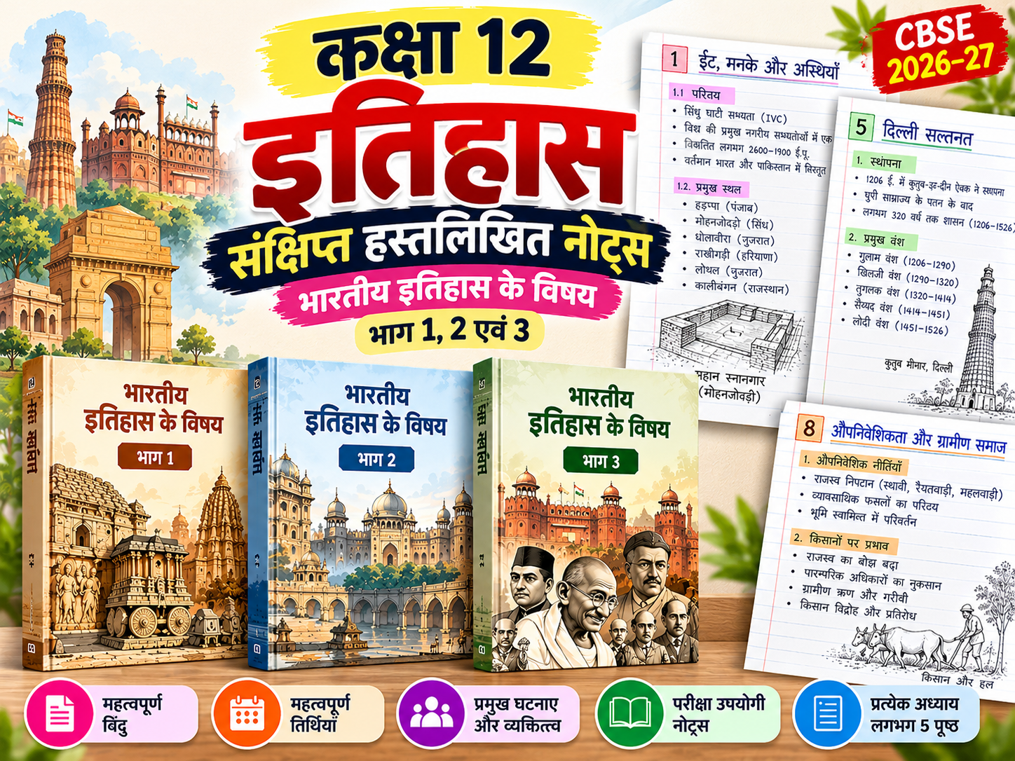 कक्षा 12 इतिहास संक्षिप्त नोट्स PDF 2026–27 | भारतीय इतिहास के विषय भाग 1, 2 एवं 3