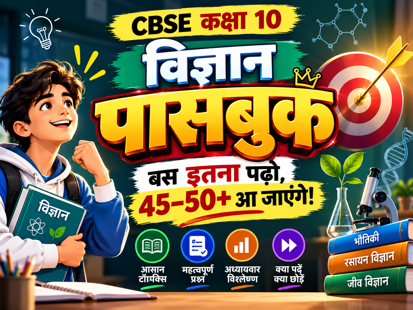 CBSE कक्षा 10 विज्ञान पासबुक — बस इतना पढ़ो, 45–50+ लाओ!