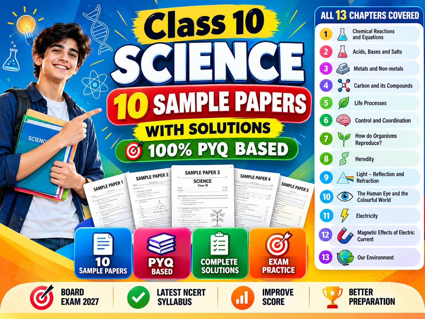 Class 10 Science 10 Sample Papers with Solutions | 100% PYQ Based | CBSE Board Exam 2027