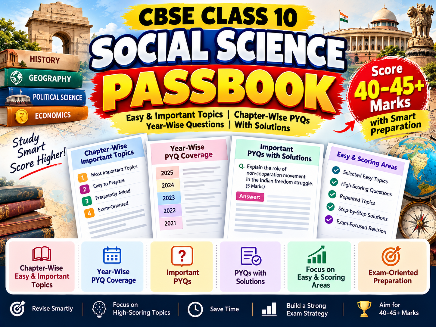 CBSE Class 10 Social Science Passbook | Score 40–45+ Marks with Easy Topics, Chapter-Wise PYQs & Solved Questions