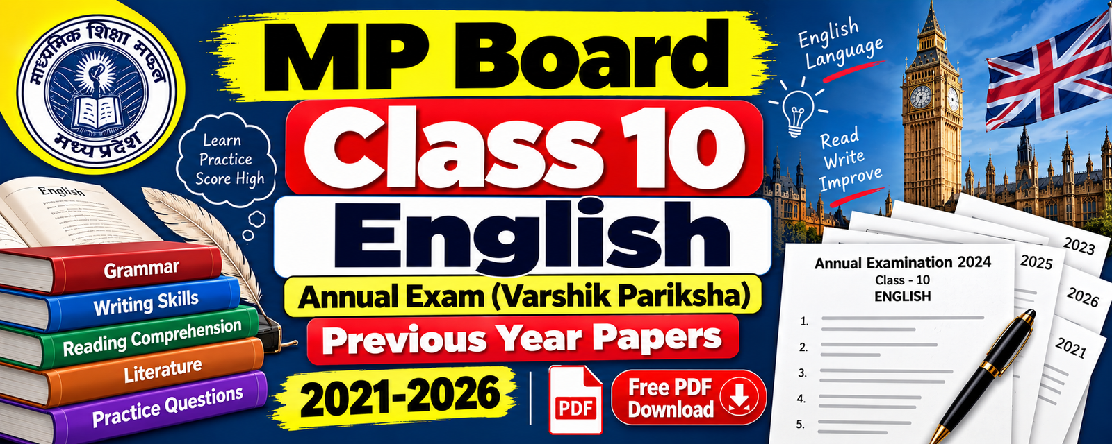 MP Board Class 10 English Annual Exam Previous Year Papers 2021-2026 | Free PDF Download