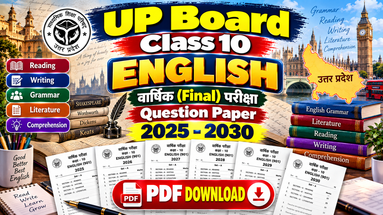 UP Board Class 10 English Varshik (Final) Exam Question Paper 2025–2030 PDF Download